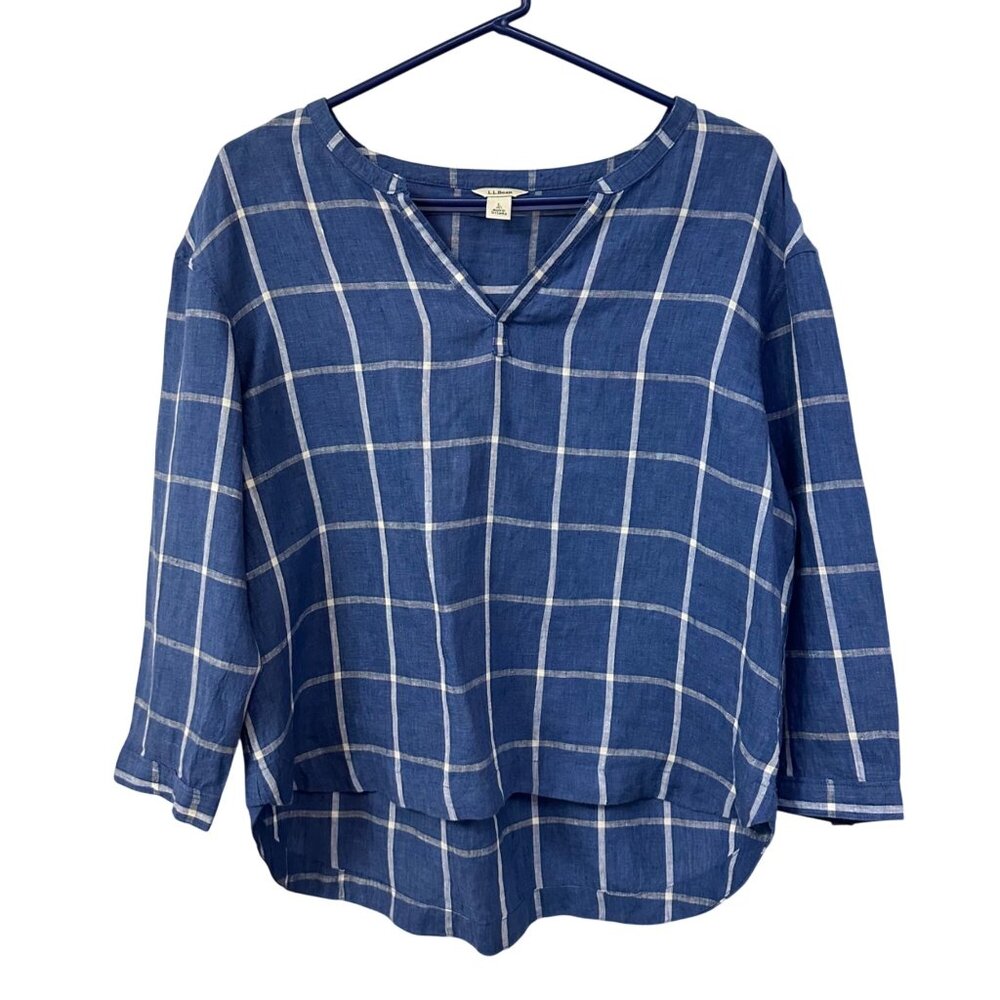 LL Bean Womens Washable Linen Popover Shirt Size L Petite Blue Windowpane Plaid